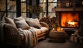 A cozy autumn day in a country house with fireplace, warm blanket on a couch, candles