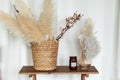 Cozy autumn decor room: on wooden table wicker basket with dried flowers, candle and vase with pampas grass. Vase with bouquet of Royalty Free Stock Photo