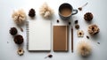 Cozy autumn flat lay with coffee notebooks pinecones and pampas grass Royalty Free Stock Photo