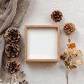Autumn Flat Lay with Blank Wooden Frame, Pinecones & Dried Leaves Royalty Free Stock Photo