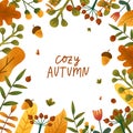 Cozy autumn hand drawn card. Thanksgiving day frame. Leaf, flower and berry border. Harvest party invitation. Fall maple Royalty Free Stock Photo