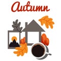 Cozy autumn with home, coffee and autumn leaves.