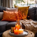 Cozy autumn interior decor arrangement, warm fall home decoration composition, dried flowers in vase