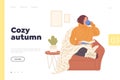 Cozy autumn landing page template with restful woman cartoon character reading drinking tea at home