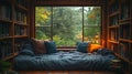 Cozy autumn library window seat, rain, books, reading Royalty Free Stock Photo