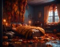 Cozy autumn lounge interior. Amber leaves, soft lights, pumpkins in the darkness of a rainy night. Concept of Halloween