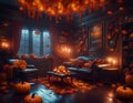 Cozy autumn lounge interior. Amber leaves, soft lights, pumpkins in the darkness of a rainy night. Concept of Halloween