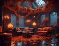 Cozy autumn lounge interior. Amber leaves, soft lights, pumpkins in the darkness of a rainy night. Concept of Halloween