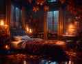 Cozy autumn lounge interior. Amber leaves, soft lights, pumpkins in the darkness of a rainy night. Concept of Halloween