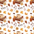 Cozy autumn mood seamless background. Hot drink, book, glasses, flowers,and leaves