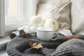 Cozy autumn morning breakfast in bed still life scene. Steaming cup of hot coffee, tea standing near window. Fall