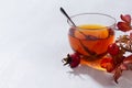 Cozy autumn morning teatime with rose hip tea in cup, dog rose branch with sunbeams and shadows on soft light white wood table top Royalty Free Stock Photo