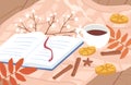 Cozy autumn outdoor picnic composition with open book and hot tea or coffee with cinnamon in cup vector flat