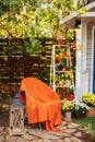 Cozy Autumn patio with chair, plaid, plants, wooden lantern, potted chrysanthemums. Halloween. Decorations in backyard for relax i