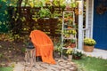 Cozy Autumn patio with chair, plaid, wooden lantern, potted chrysanthemums and pumpkins. Halloween. Decorations in backyard for re