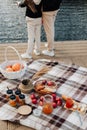 autumn picnic close-up food and glasses with tea on a blanket