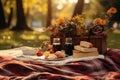 Cozy autumn picnic in the park with sandwiches and a plaid blanket. Generative AI