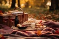 Cozy autumn picnic in the park with sandwiches and a plaid blanket. Generative AI