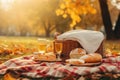 Cozy autumn picnic in the park with sandwiches and a plaid blanket. Generative AI