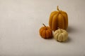 Cozy autumn pumpkin candles on white wood texture. Royalty Free Stock Photo