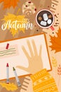 Cozy Autumn romantic concept with creative notebook, hot drink, cookies, girl hand, Autumn red leaves. Autumn flat lay