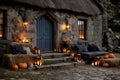 Cozy Autumn Scene with Pumpkins and Lanterns at Rustic Stone Cottage Generative AI Royalty Free Stock Photo