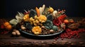 Autumn essence with pine cones, mixed flowers, cranberries, and berries. Generative AI