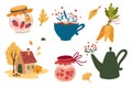 Cozy autumn. Set of elements. Small house, teapot, cup, jam, leaves and berries. Home autumn comfort and harvest. Vector hand draw