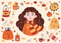 Cozy autumn set of fall design elements, cartoon style. Girl in a warm scarf, fallen leaves, hot drinks and items for Royalty Free Stock Photo