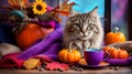 Cozy autumn still life with cats, pumpkins, sunflowers and coffee cup on grunge wooden table