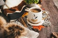 Cozy autumn still life with cup of hot black coffee. knitted hat and scarf on wooden background Royalty Free Stock Photo