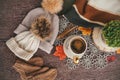 Cozy autumn still life with cup of hot black coffee. knitted hat and scarf on wooden background