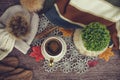 Cozy autumn still life with cup of hot black coffee. knitted hat and scarf on wooden background Royalty Free Stock Photo