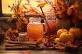 Cozy Autumn Still Life with Pumpkins, Drinks Royalty Free Stock Photo