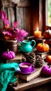 Cozy autumn still life with pumpkins, sunflowers and a coffee cup on grunge wooden table