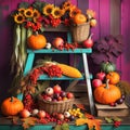 Cozy autumn still life with pumpkins, sunflowers and vegetables on grunge wooden table