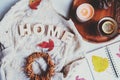 cozy autumn table, top view of still life details in hygge style on white background Royalty Free Stock Photo