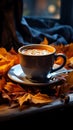 A cozy autumn tableau Steaming coffee, warm scarf, and fallen leaves on wood
