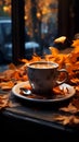 A cozy autumn tableau Steaming coffee, warm scarf, and fallen leaves on wood