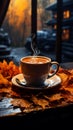 A cozy autumn tableau Steaming coffee, warm scarf, and fallen leaves on wood