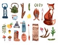 Cozy autumn watercolor set with home chose and fox.Scandinavian style