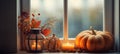 Cozy autumn windowsill arrangement with pumpkins, candles, and rustic decor. Warm, nostalgic, and perfect for seasonal content