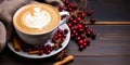 Cozy Autumn and Winter Concept with a Cup of Creamy Cappuccino Surrounded by a Warm Knitted Scarf Star Anise and Fresh Cranberries