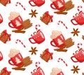 background with Christmas cookies, hot chocolate, marshmallows and candy canes. Cartoon drawing style isolated on white background