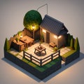 Cozy backyard area during nighttime, dining table and decoration, ai generated