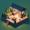 Cozy backyard area during nighttime, dining table and decoration, ai generated