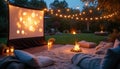 Cozy backyard cinema features projector screen lit by warm string lights. Comfortable blankets pillows surround small campfire. Royalty Free Stock Photo