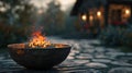 Cozy backyard with a fire bowl. Generative AI