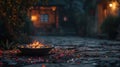 Cozy backyard with a fire bowl. Generative AI