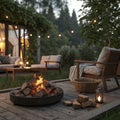 Cozy Backyard Fire Pit with Lounge Seating and String Lights, OutdoorLiving ,Relaxation Royalty Free Stock Photo